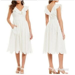 CREMIEUX White Cotton Eyelet Dress Midi Sleeveless Ruffle V-Neck Size 4